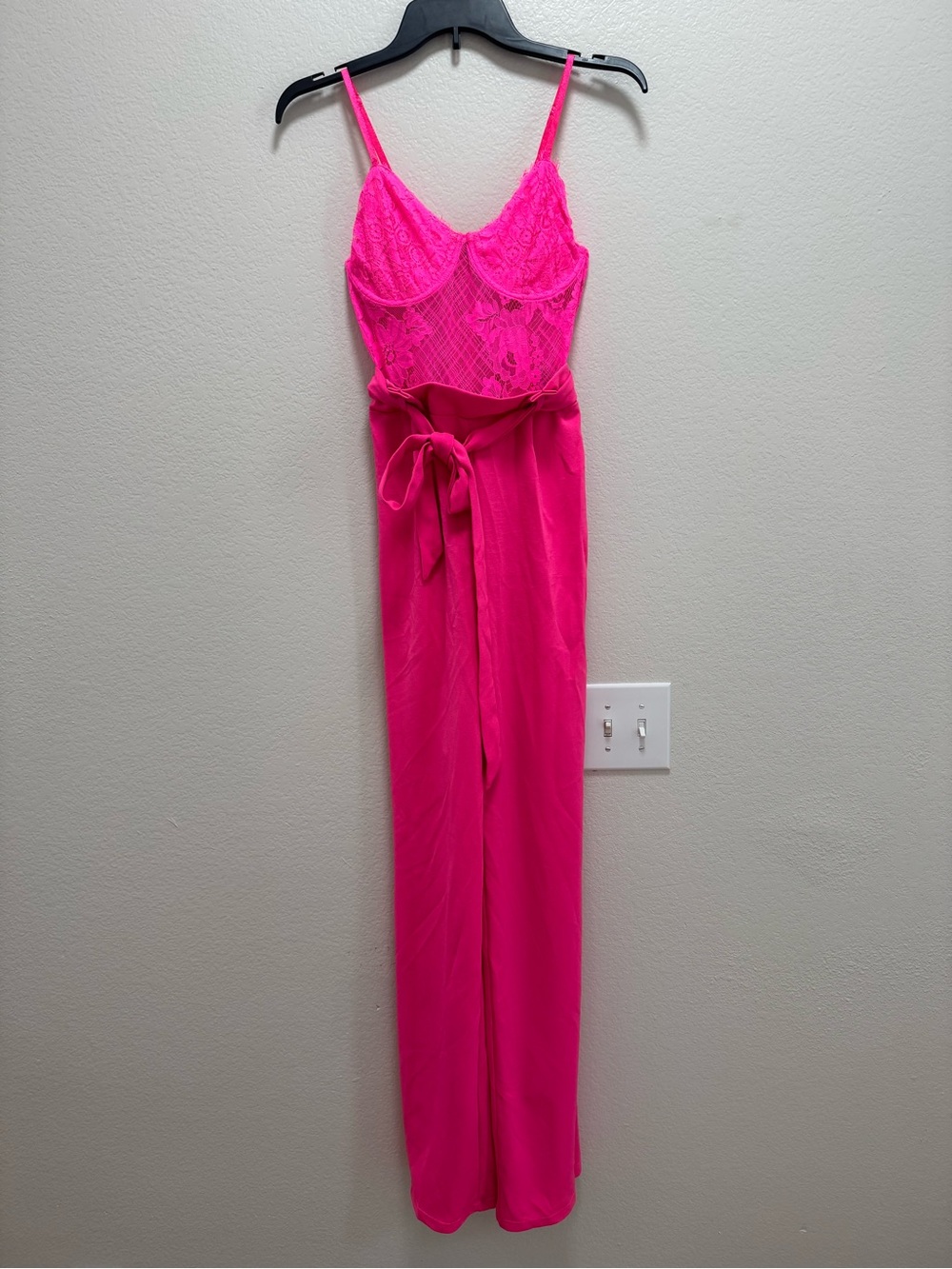 Hot Pink Lace Bodice Jumpsuit with Waist Tie